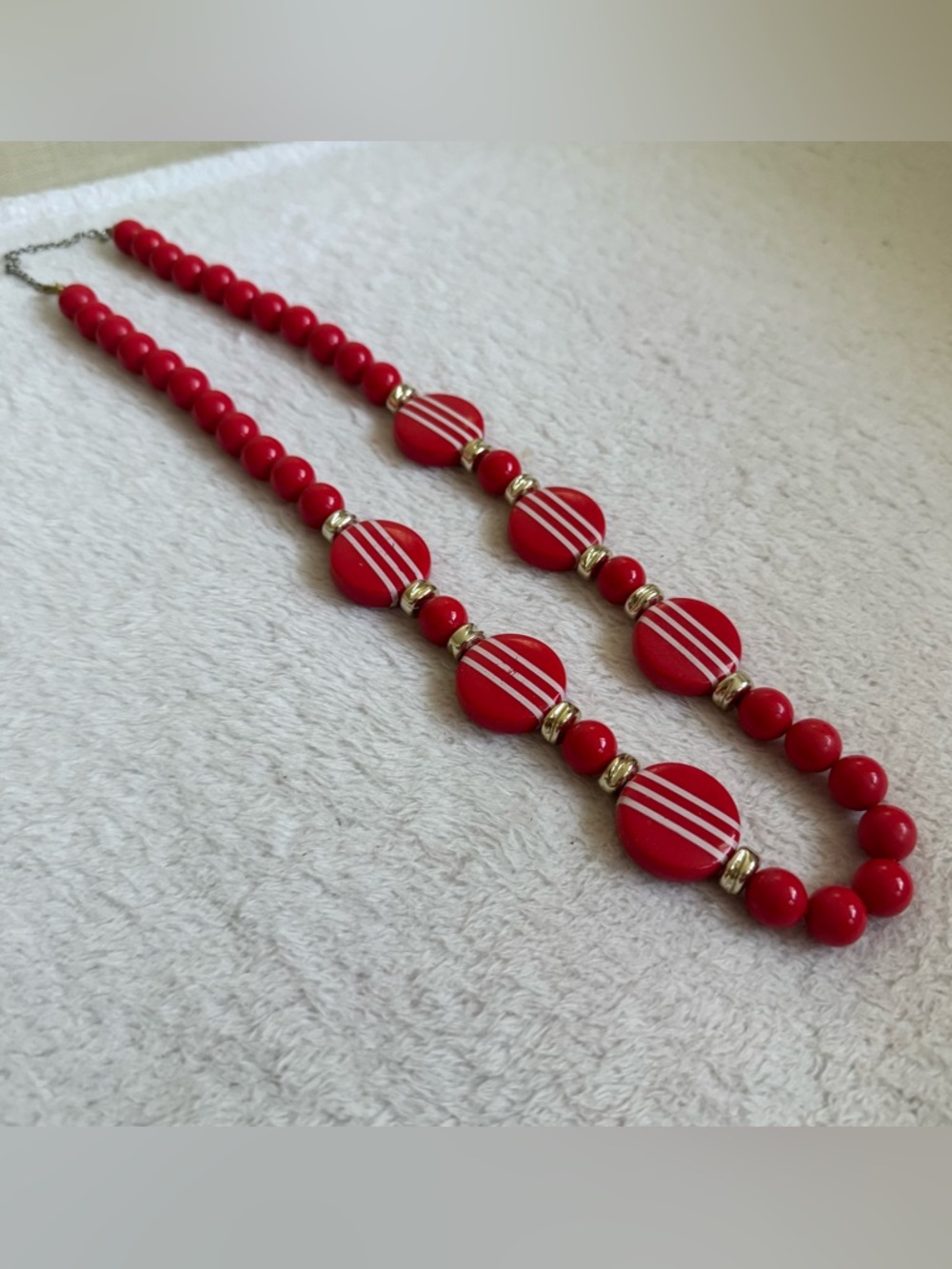 Vintage Red Beaded Necklace Striped Disc Acrylic Gold Spacer Retro